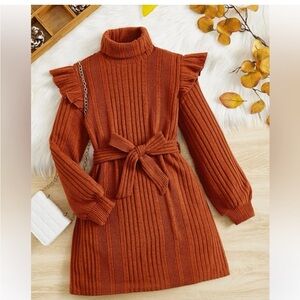 Girls ruffled turtleneck belted  dress